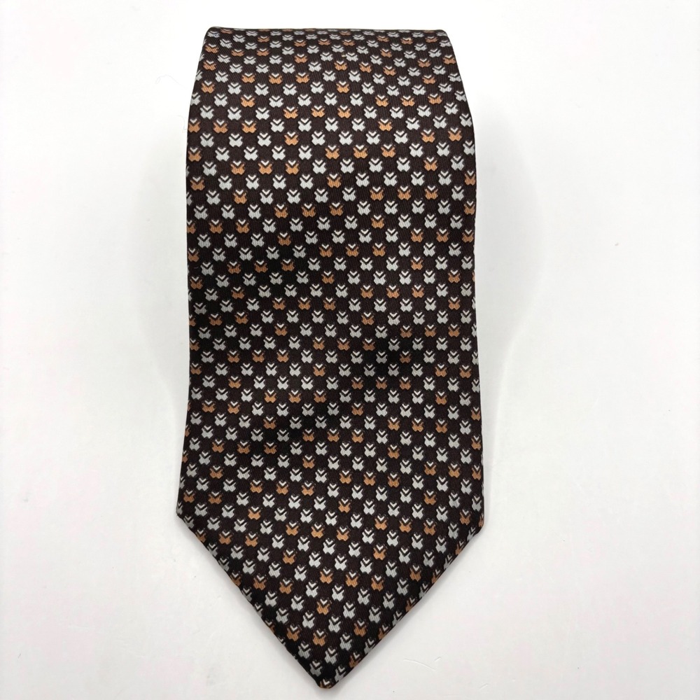 Christian Dior Cravates Silk Necktie Brown Tan Geometric Pattern Vintage 55 in